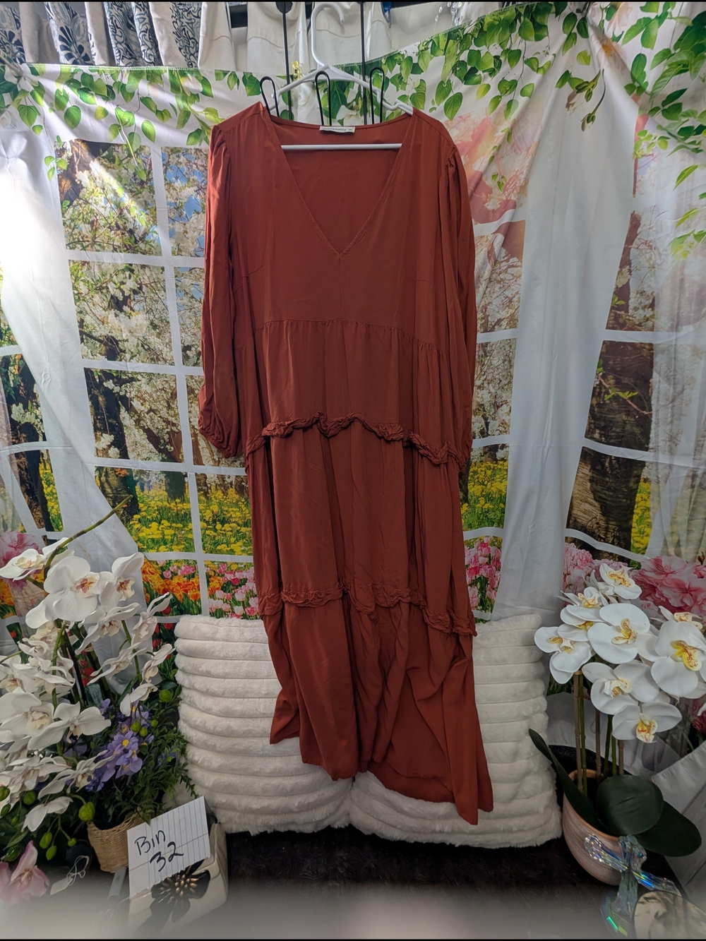 Tiered V-Neck Maxi Dress — Rust